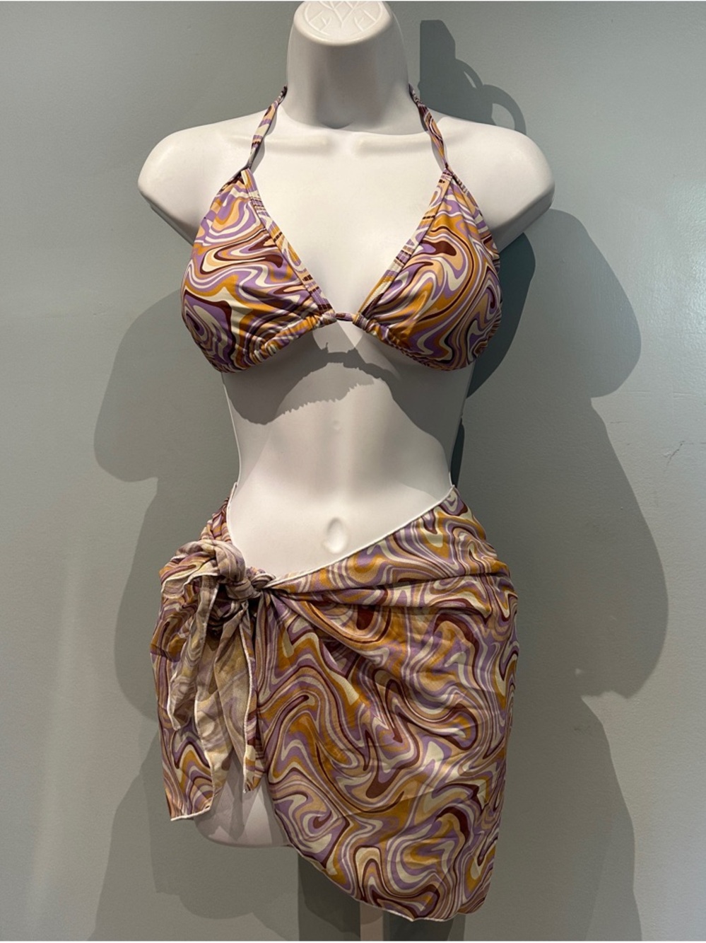 3-Piece Set Purple & Yellow Swirl String Bikini Large NWOT